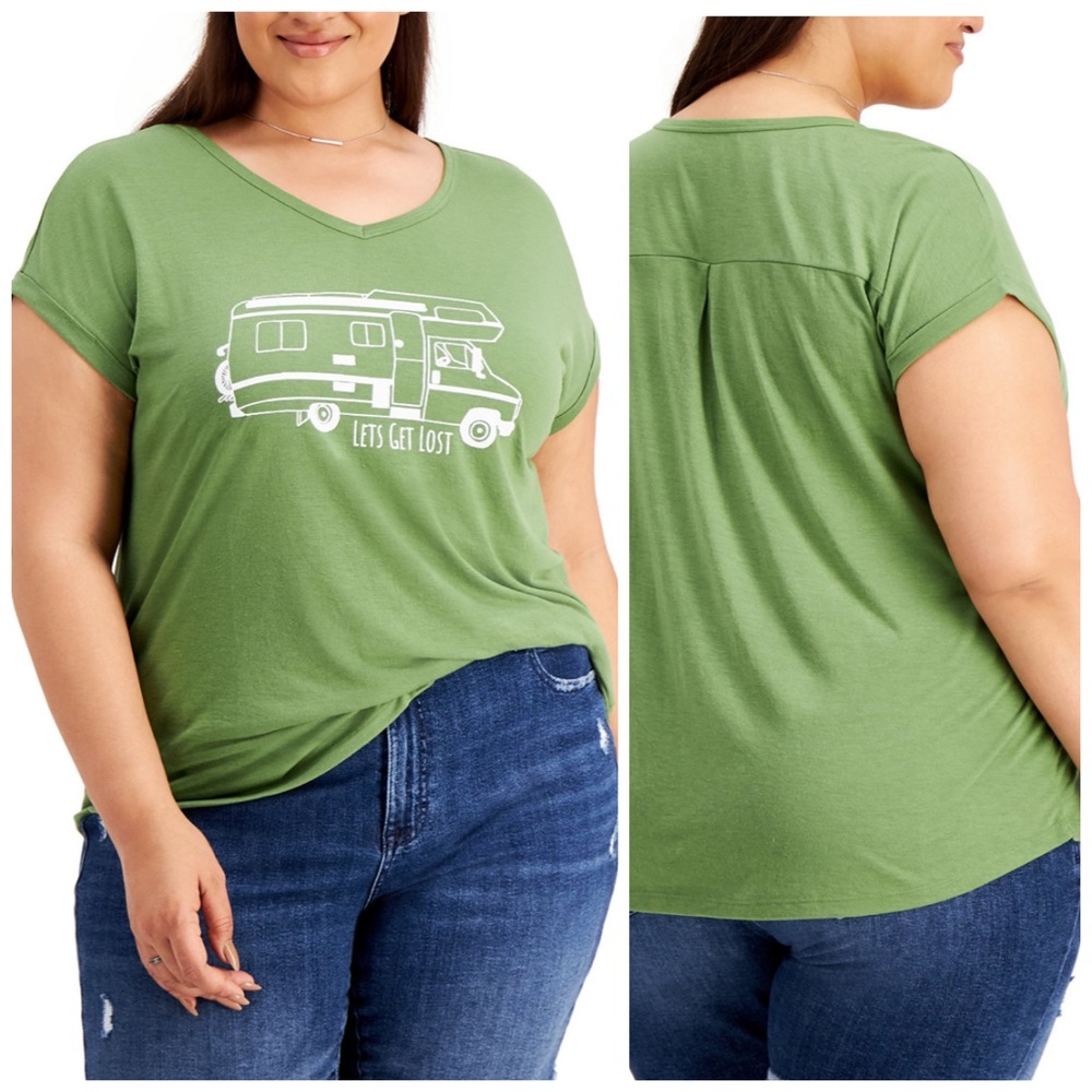 Style & Co Olive Green Let’s Get Lost Graphic Camping Shirt Top Plus Size 1X